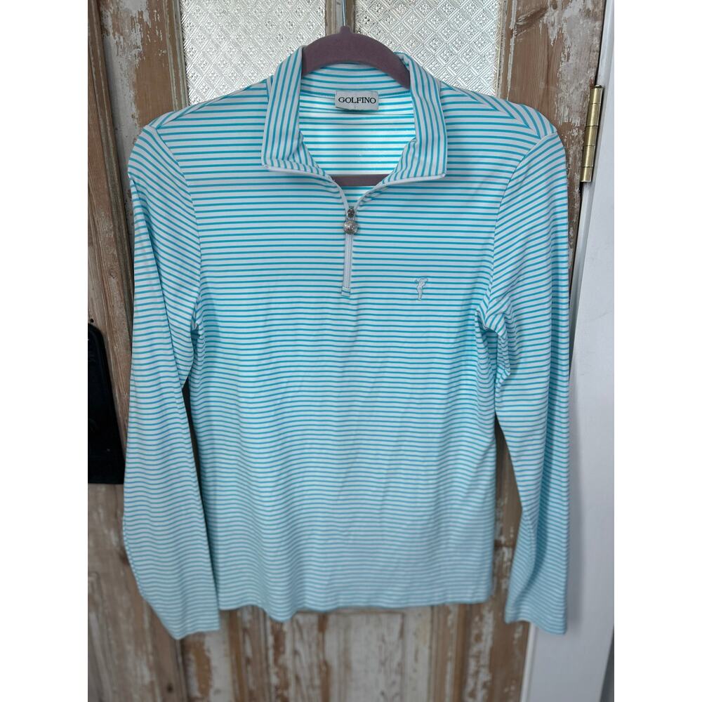 Women Golfino Golf Shirt, Blue & White Stripes, Size S